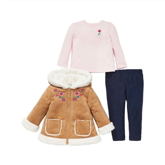 LITTLE ME Girl Set Jacket Shirt Pant 3 Piece Set Hooded Faux Shearling - Picture 1 of 1